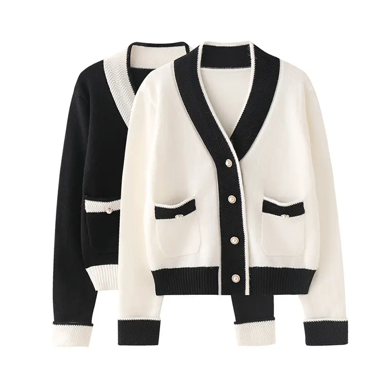 Vintage Style Cardigan Women Pearl Button Sweater Short Color Block Knitwear