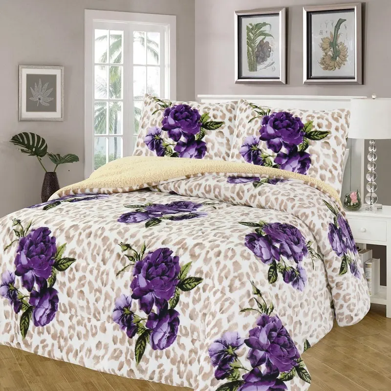Juego de ropa de cama de lujo con logotipo de hogar sonriente, conjunto de edredón con estampado de leopardo púrpura, Borrego