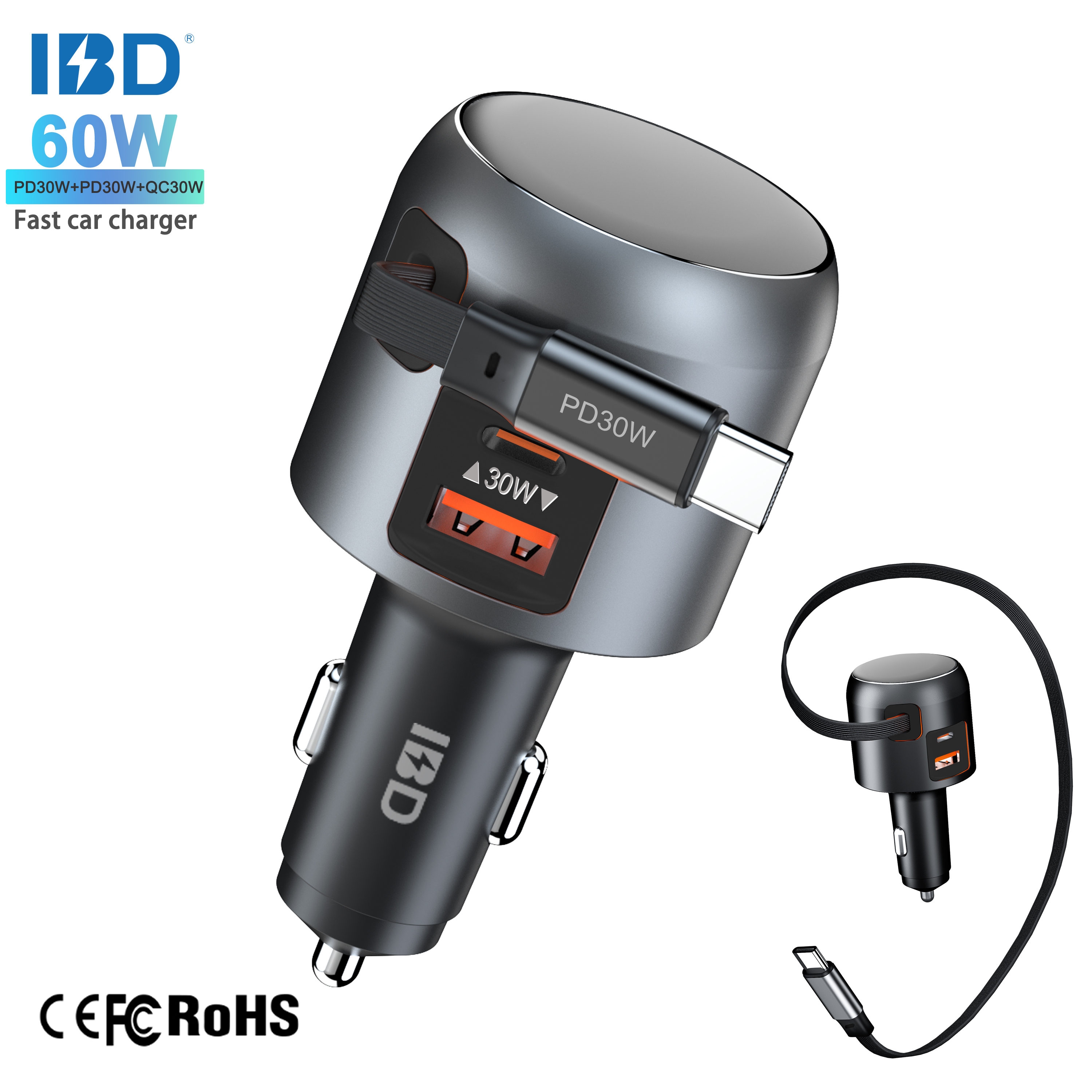 Black 60W Retractable car charger