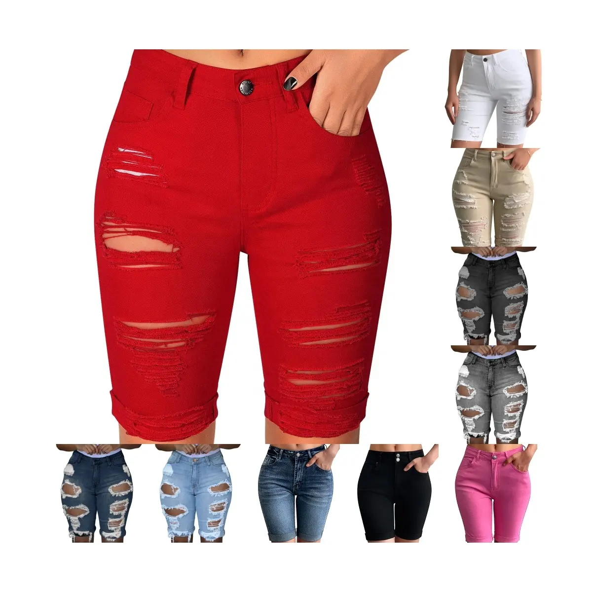 Pantaloncini Bermuda elasticizzati da donna in Jeans con Jeans strappati e strappati