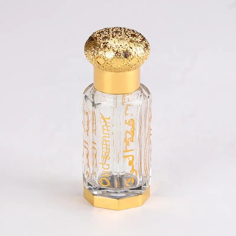 Arabische Gold Metall Oud benutzer definierte Gravur 3ml 6ml 12ml Phantasie Attar Kristallglas Parfüm ätherische Öl flaschen mit Gold kappe