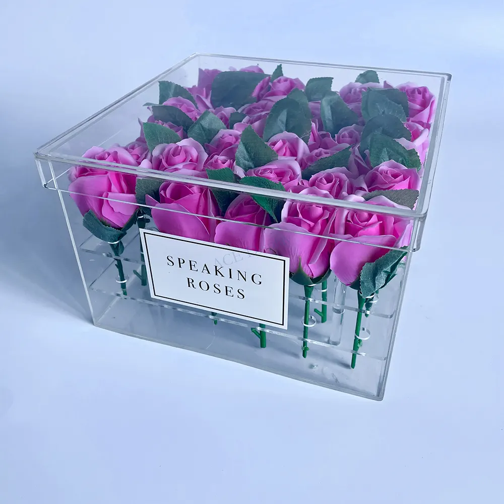 Caixa acrílica removível de flor de rosa, inserção quadrada, à prova d' água, transparente, 30 flores de rosa