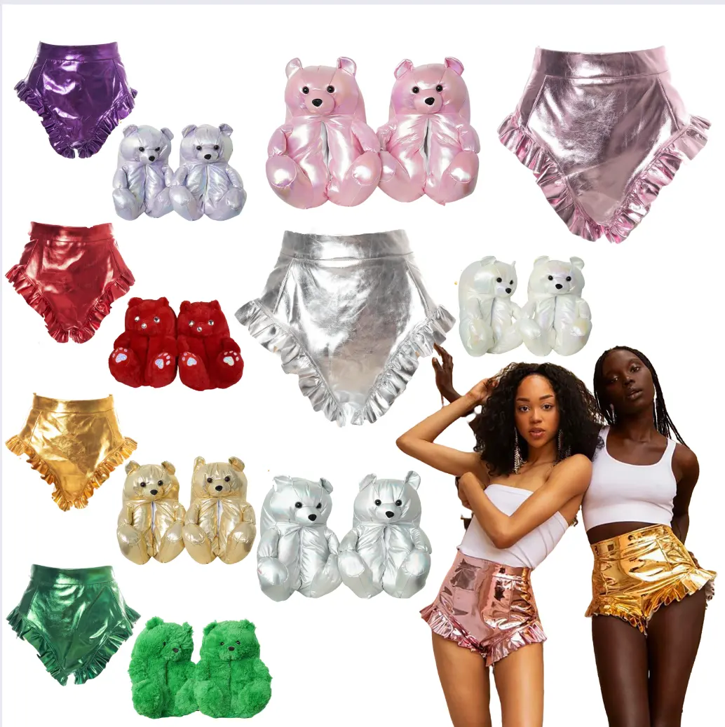 Shorts da praia do verão das mulheres sexy hot pants shinny mini PU couro plissado curto Feminino teddy bear bolsa chinelos chinelo rosa