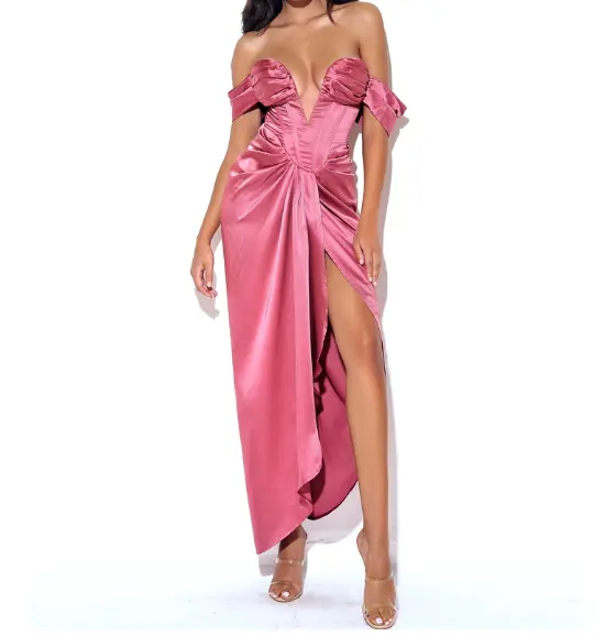 Gaun Malam Satin Wanita, Gaun Malam Seksi Off The Shoulder V Dalam Pink