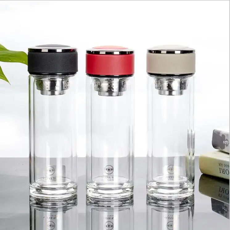 Oem thick bottom portable tea drinking bottle double wall glass water bottle with Tea infuser
