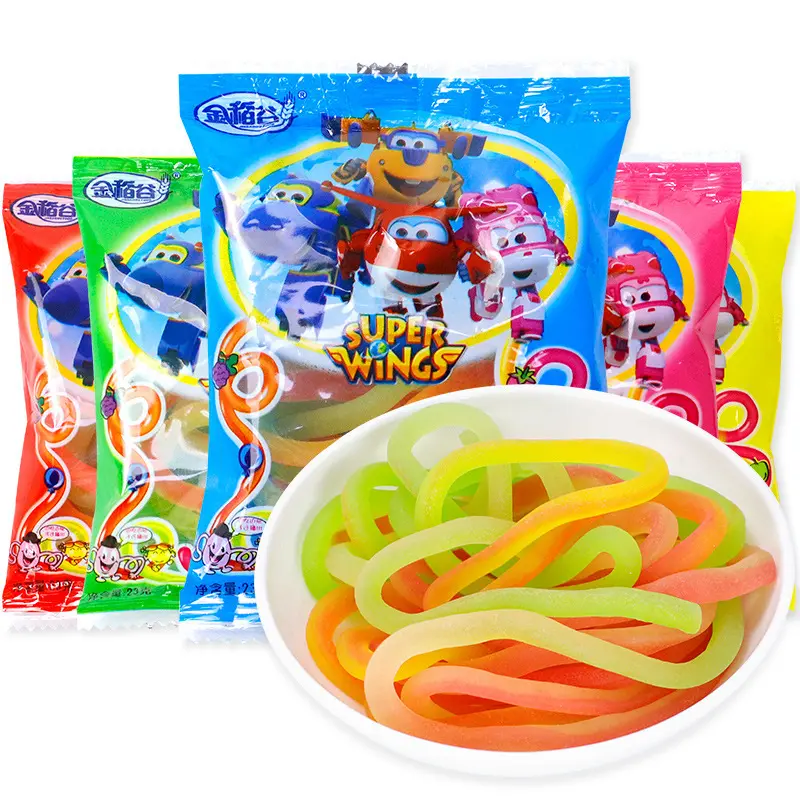 Venta al por mayor 21G Colorful Funny String Gummy Six Fruity Flavours Colored String Candy