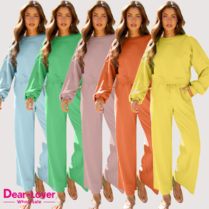 Thân Mẹo-Người Yêu Bán Buôn Drop Shoulder Puff Tay Áo Crop Áo Thun Dây Kéo Chân Rộng Quần Set In Trên Nhu Cầu Giản Dị Bộ Cho Phụ Nữ - Product Image 1