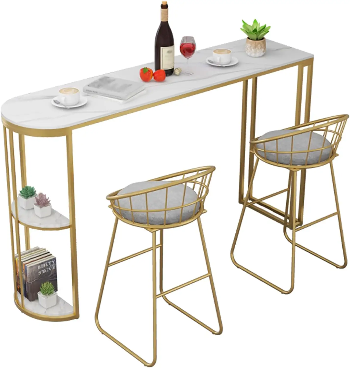 Mesa de bar com consola feita à mão em metal dourado e mármore branco, mobília completa de alta qualidade, mesa de vinho personalizada com cadeira de bar