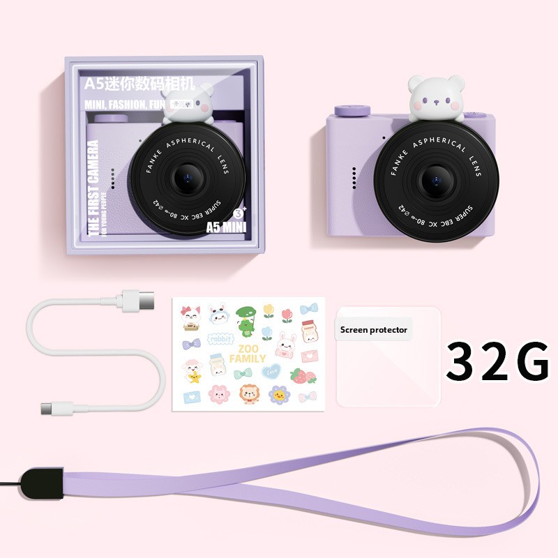 กล้องสีม่วงสุดเจ๋ง+การ์ด 32G+สติ๊กเกอร์+เชือกเส้นเล็ก