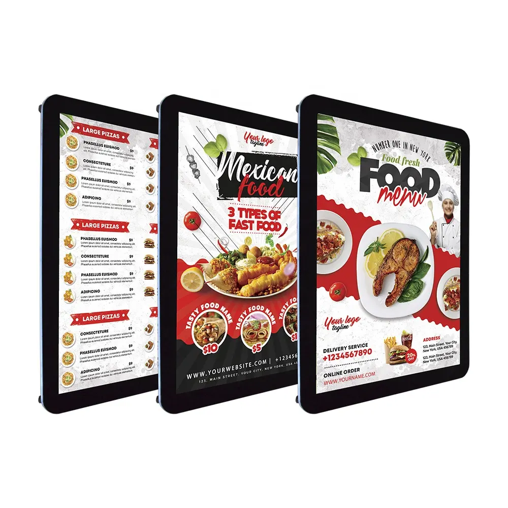 Soporte de pared para comida rápida, pantalla digital acrílica magnética retroiluminada, caja de señal led, tablero de menú, marco de póster, publicidad de restaurante