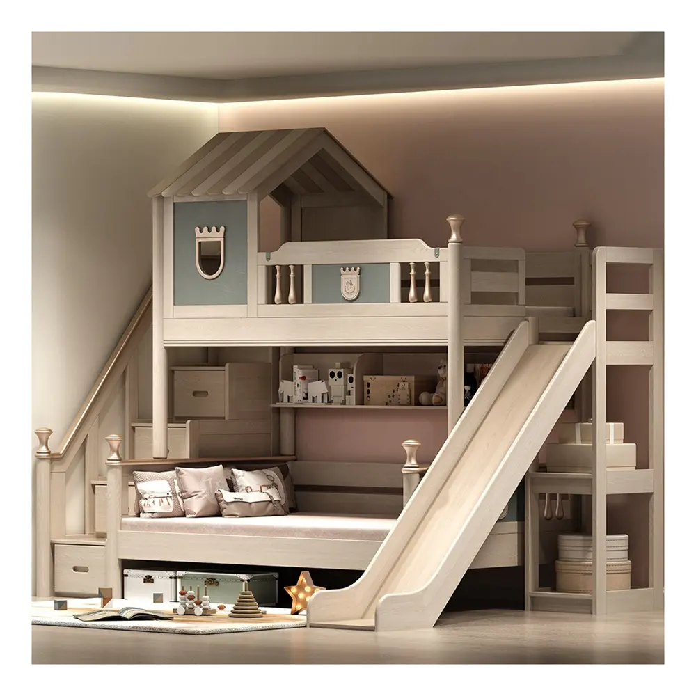 Casa de Castillo de princesa para niños y niñas, cama de madera con tobogán y escaleras, moderna, litera, castillo, cama deslizante
