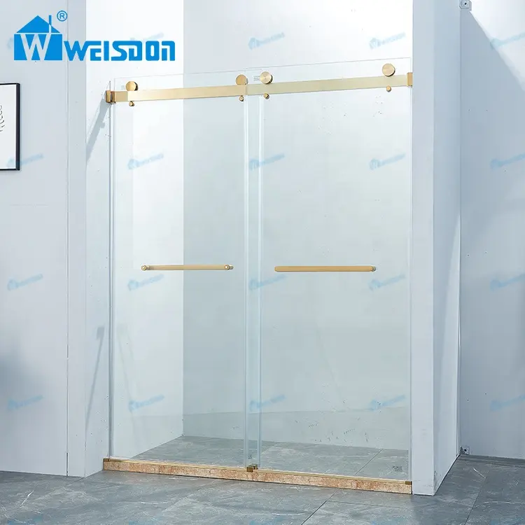 Weisdon pintu Pancuran kaca Tempered geser ganda, penutup Pancuran tanpa bingkai baja tahan karat kualitas baik