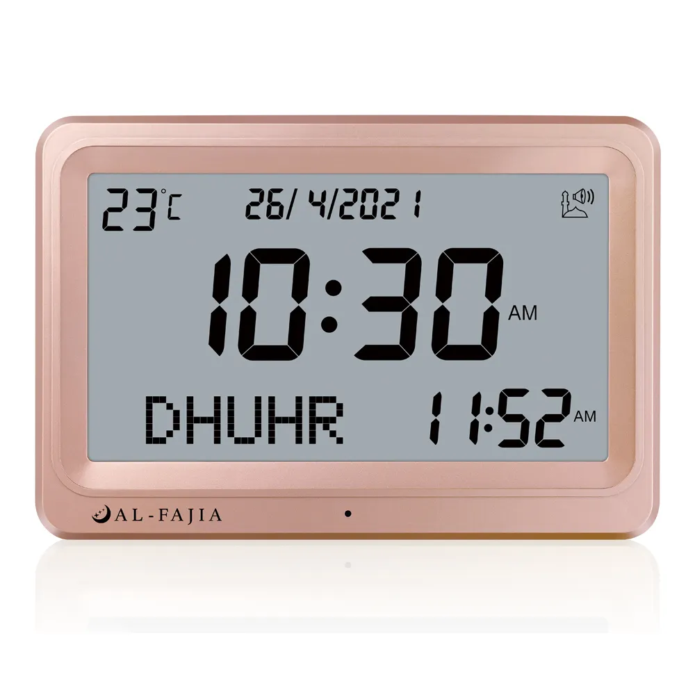 Al Fajia İslam namaz ezan saat büyük LCD hicri takvim kıble pusula 8 Athan ses hatırlatmak çoklu dil masa saati