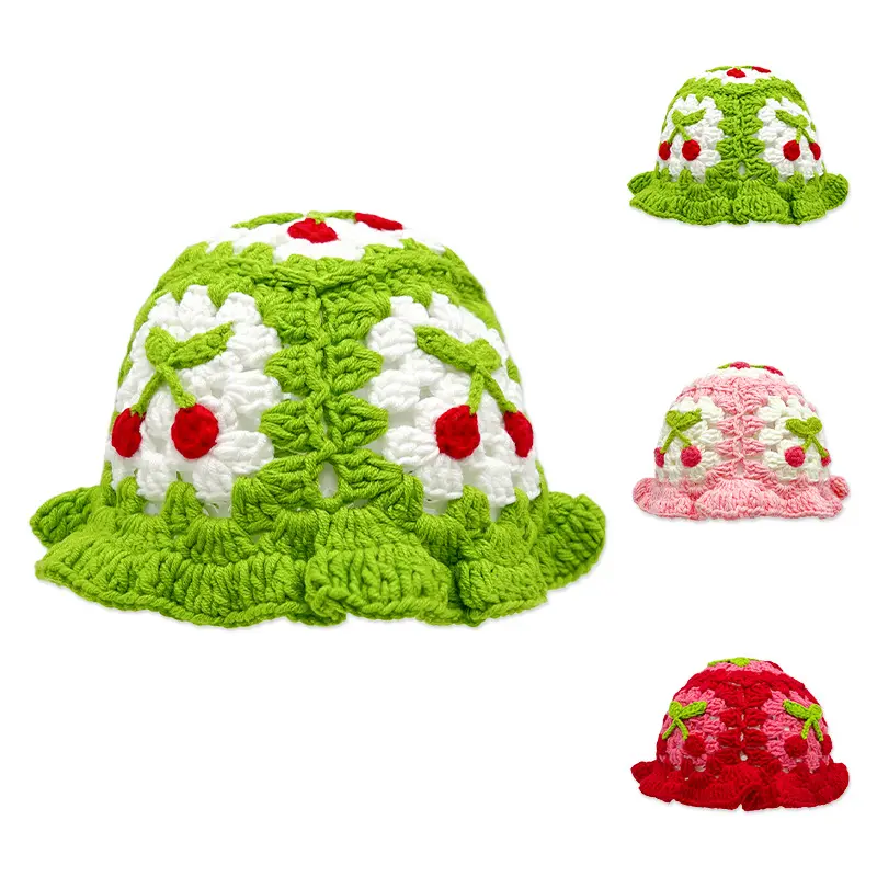 Round Brim Cherry Handmade Crochet Bucket Hat Knit Floral Verão Bucket Hat Flor Protetora do Sol Malha Oco Hat For Kids