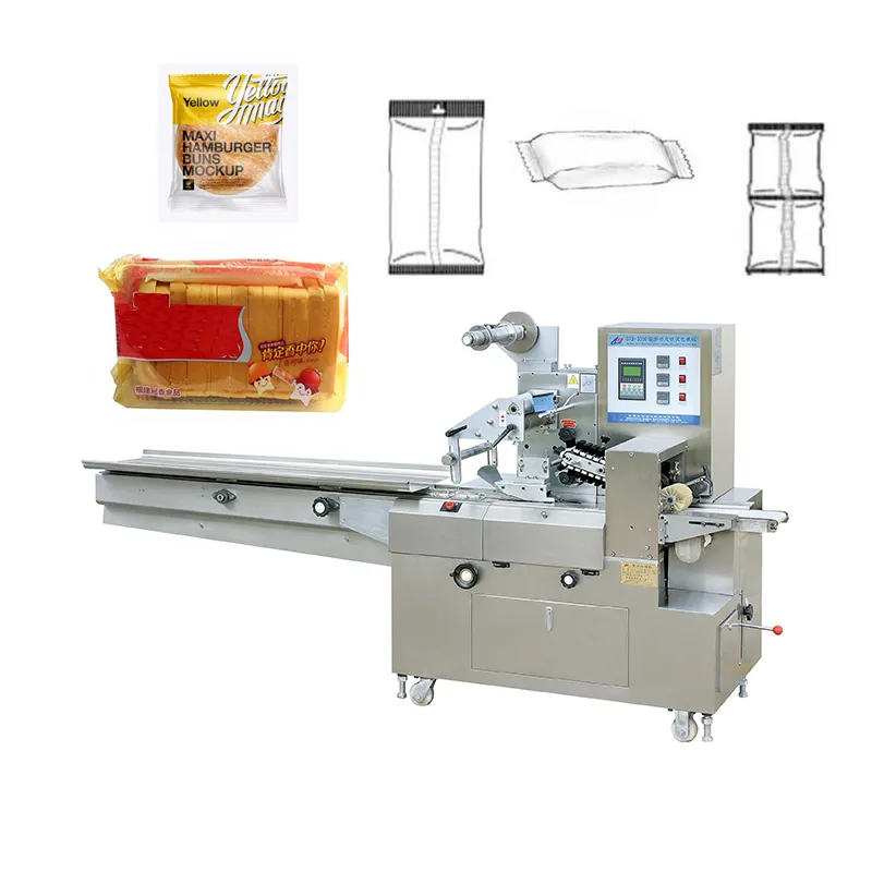 Automatic flow packing machine for loaf tortilla pita burger french sliced sandwich bread cakes