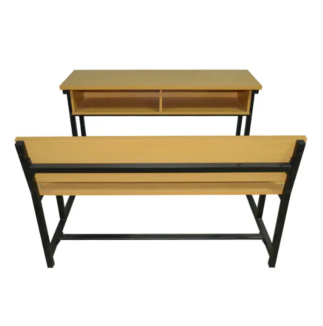 Juego de muebles para el aula de secundaria, incluyendo mesa de banco de madera, escritorio y silla.