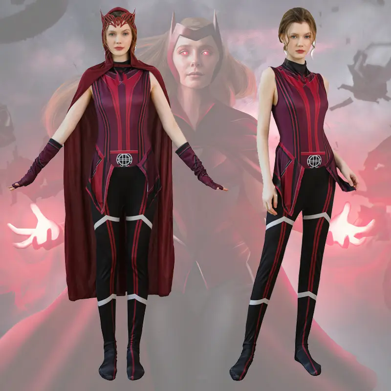 Yeni film kostüm cadı tam Set yetişkin cadılar bayramı kostümleri giyinmek kıyafetler kadın Wanda Maximoff Cosplay kostüm kırmızı pelerin