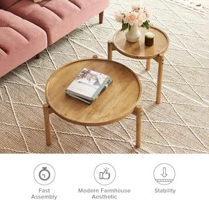 2-Piece Solid Wood Coffee <strong>Table</strong>, Small Round Coffee <strong>Table</strong> <strong>Set</strong>, Boho, Sturdy <strong>3</strong>-Leg Nesting <strong>Table</strong> - Product Image 5