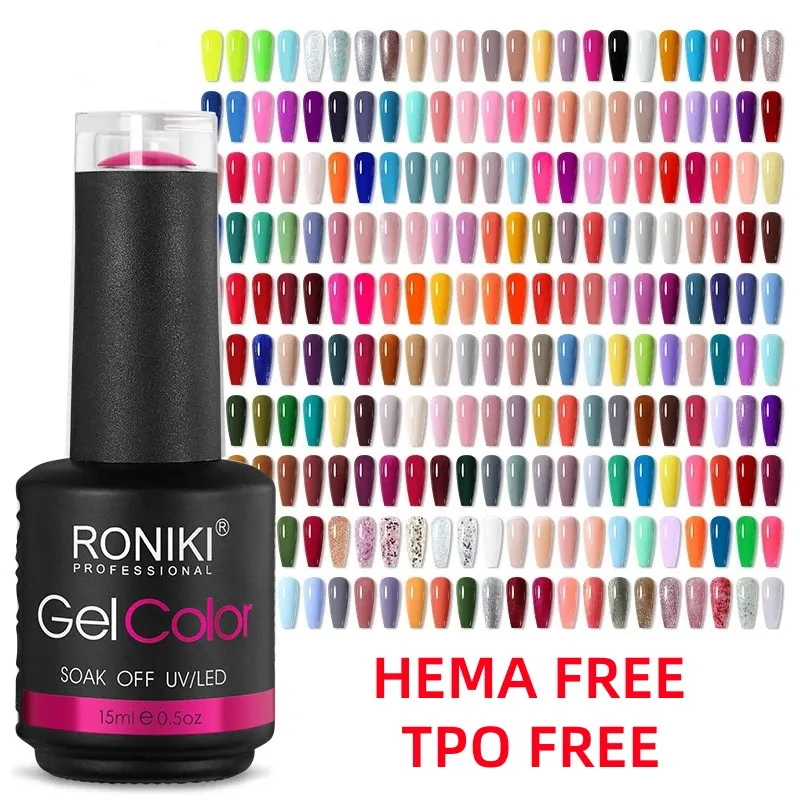RONIKI Nail Supplies Venta al por mayor 1000 colores OEM Free HEMA Nail Gel Polish Inodoro UV Gel Soak Off Vegan LED UV Gel Esmalte de uñas