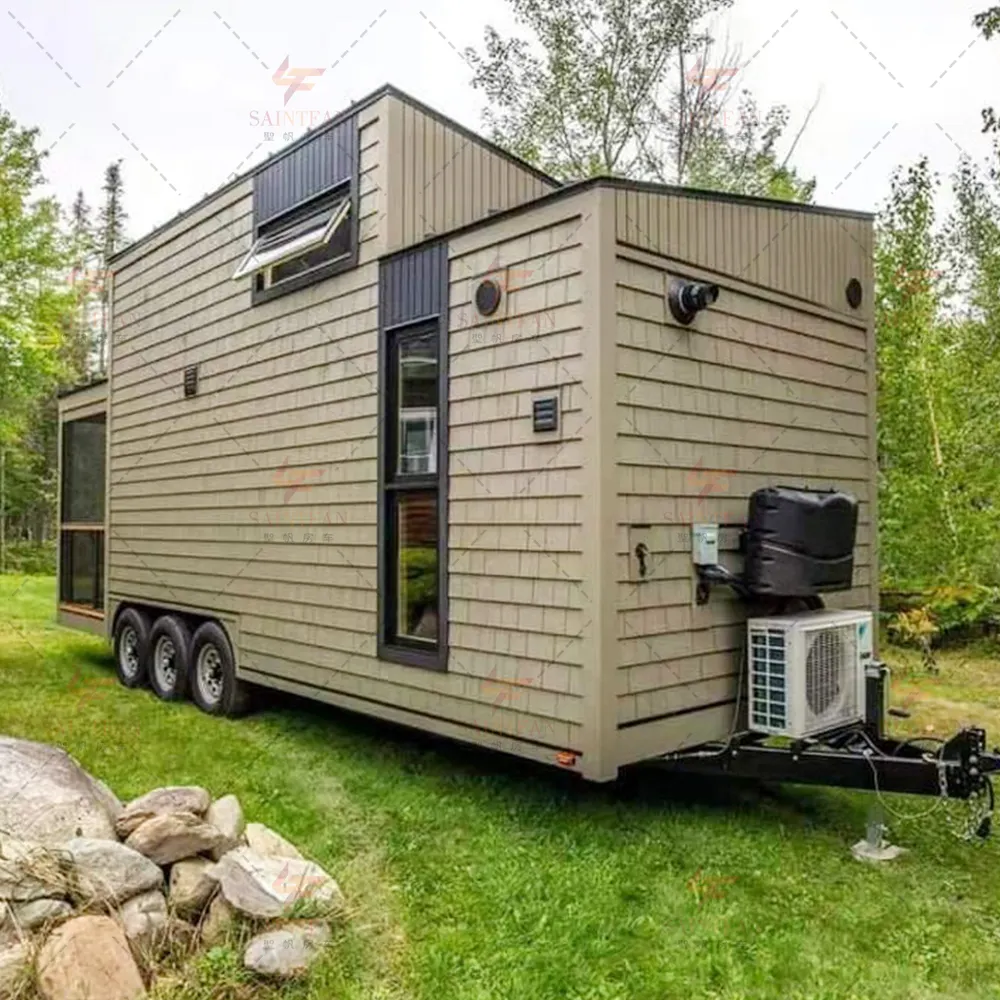 Maison mobile en bois à structure en acier, petite maison préfabriquée avec remorque conteneur de transport de roues