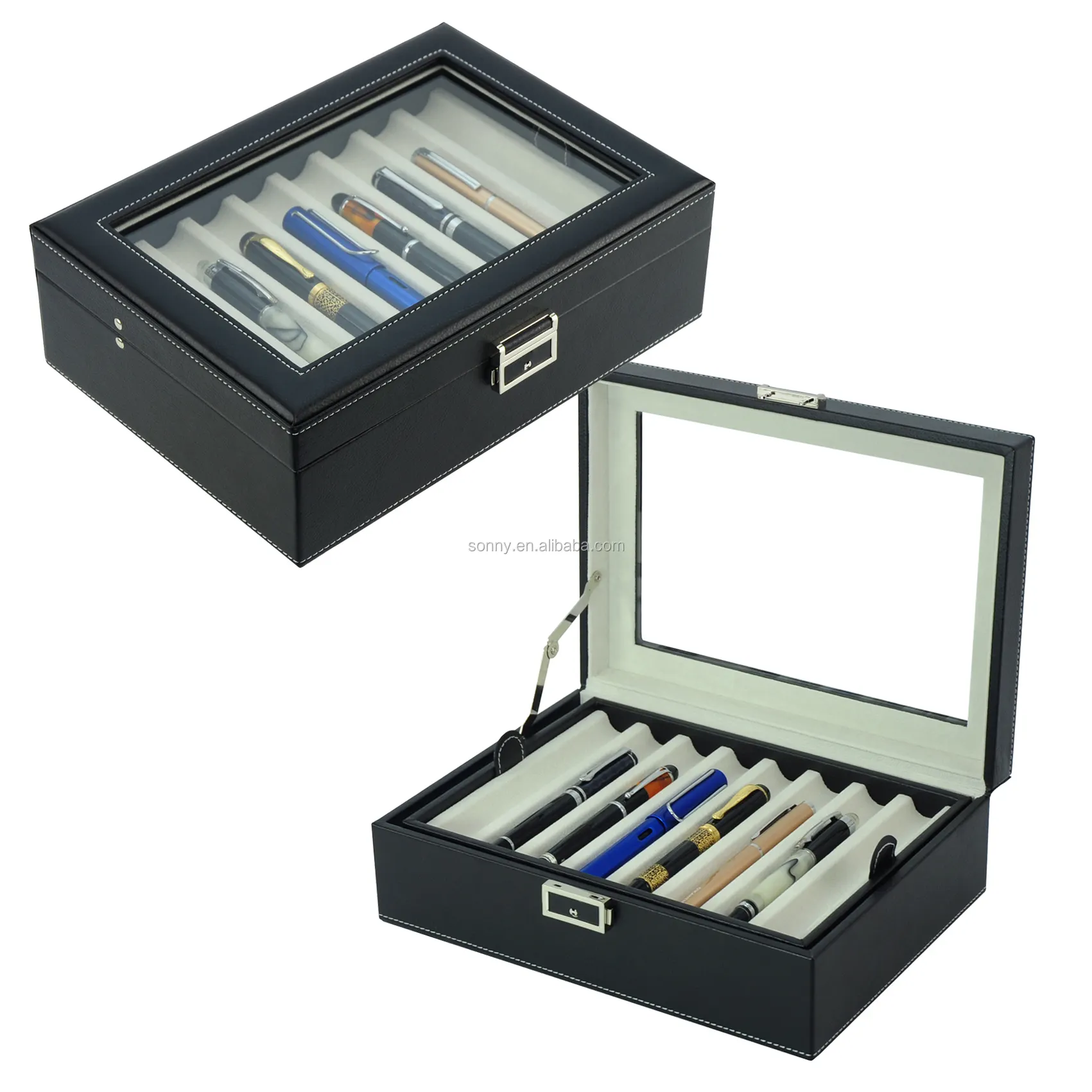 16 Slots Füll federhalter etui Schwarzer Leder Stift Display Box Aufbewahrung koffer mit Schloss