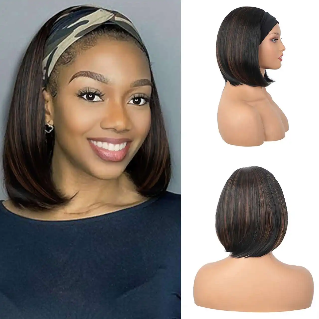Synthetic Headband Wig 12 Inch Short Bob Wig With Scarf Straight Style Natural Color Head Band Wigs For Women African Americans