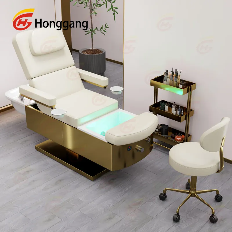 Personalizado tailandês dourado aço inoxidável beleza salão elétrico shampoo massagem cama para lavar os pés com 3 motores