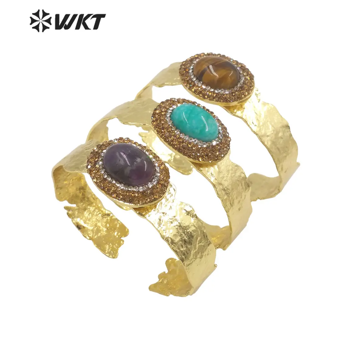 WT-B628ヨーロッパカラフルな貴重な宝石用原石オープニングバングル、ラインストーンセッティング女性用楕円形アメジスト石バングル