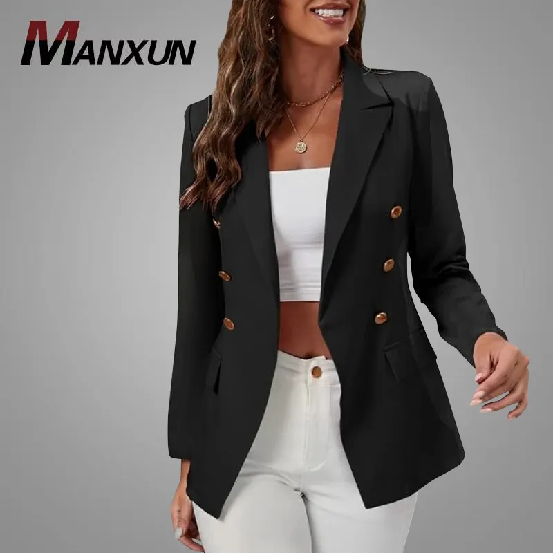 Solid Black Revers Kragen Frauen Business Blazer Bekleidung Zweireiher Flap Frauen Mäntel Slim Jacken Frauen Offizieller Blazer