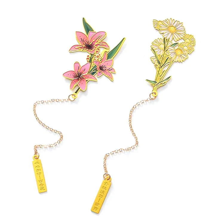 Hot Sale Gifts Design Custom Logo Zinc Alloy Brass Soft Enamel Gold Book Marker Metal Flower Bookmark With Tassel