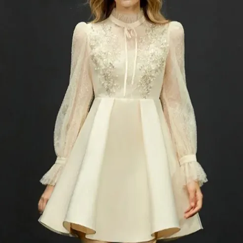 Fransız bayanlar mizaç gazlı bez işlemeli parti elbise kadın 2023 sonbahar/kış ışık lüks dantel ince prenses elbise