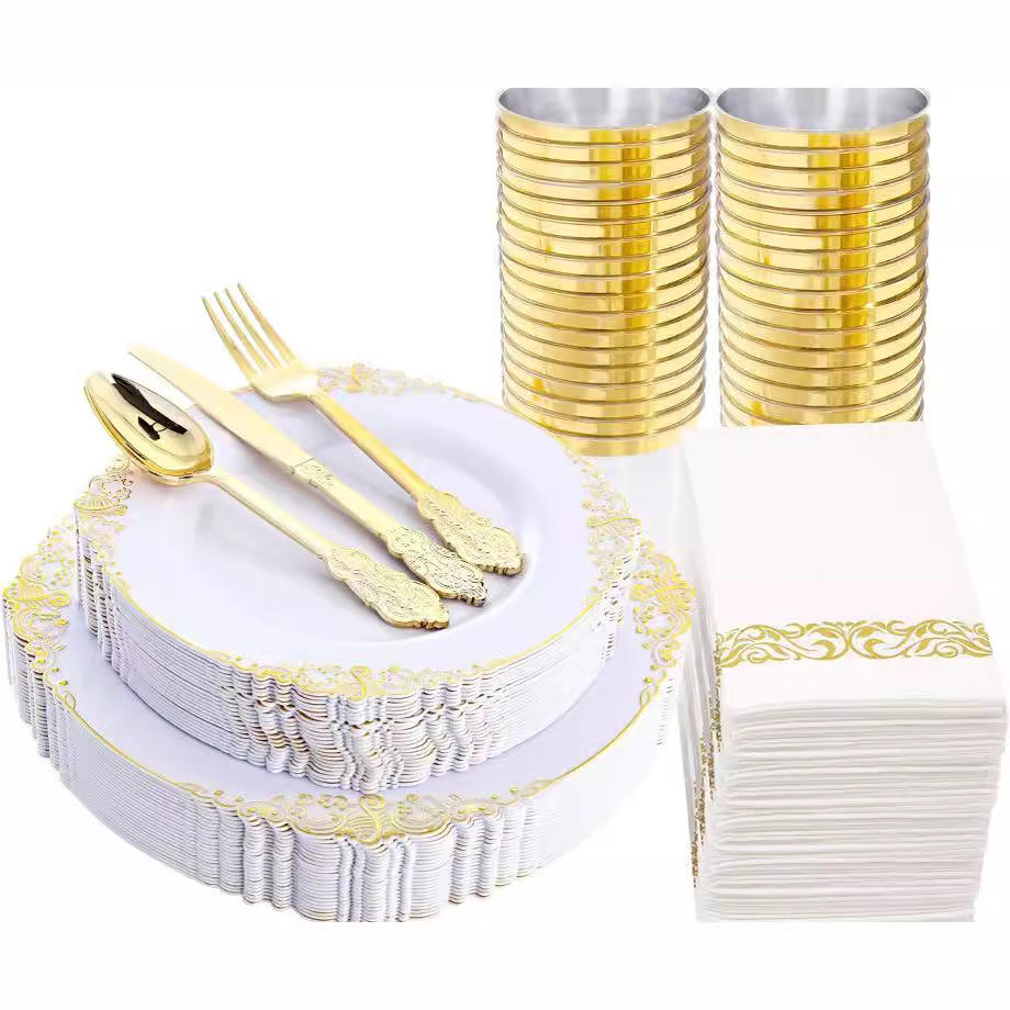 gold plates + knives, forks, and spoons + 10OZ cups + paper