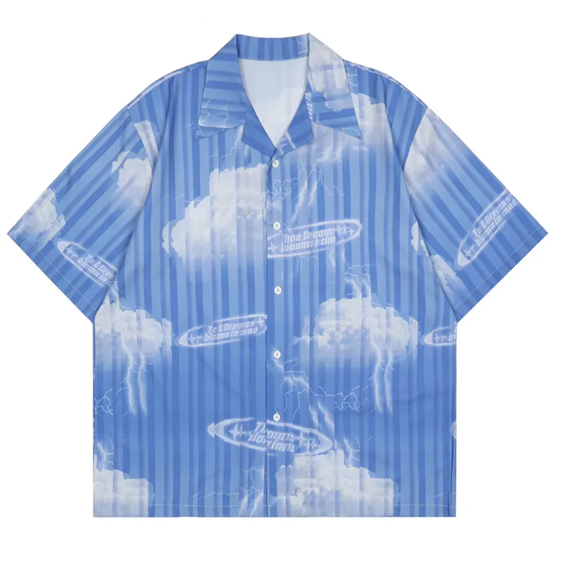남자 셔츠 넥타이 염료 구름 셔츠 짧은 소매 남자 INS 거리 착용 느슨한 옷깃 칼라 T 셔츠 여름 그라디언트 카디건 탑