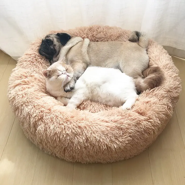 OEM renkler peluş yumuşak Donut Pet yatak kanepe fermuar yuvarlak yastık yıkanabilir kabarık kedi köpek yatağı sakinleştirici için