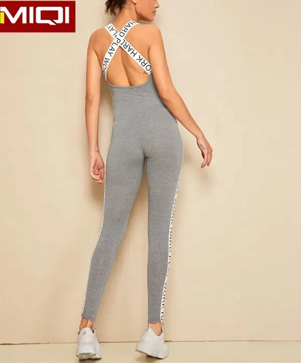 Özel etiket naylon ve Spandex Yoga setleri spor kadın vücut fit tek parça Yoga tulum çapraz geri egzersiz tulum