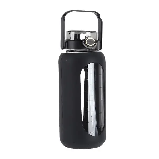 Alta borosilicato gran capacidad 1.8L doble tapa taza de vidrio fitness y deportes con cubierta de silicona botella portátil al aire libre