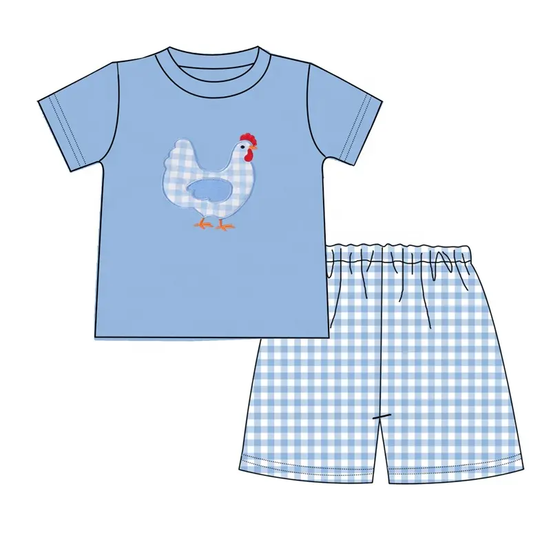 Kişisel tasarım sevimli tavuk aplike ekose bebek erkek giyim yaz için Set