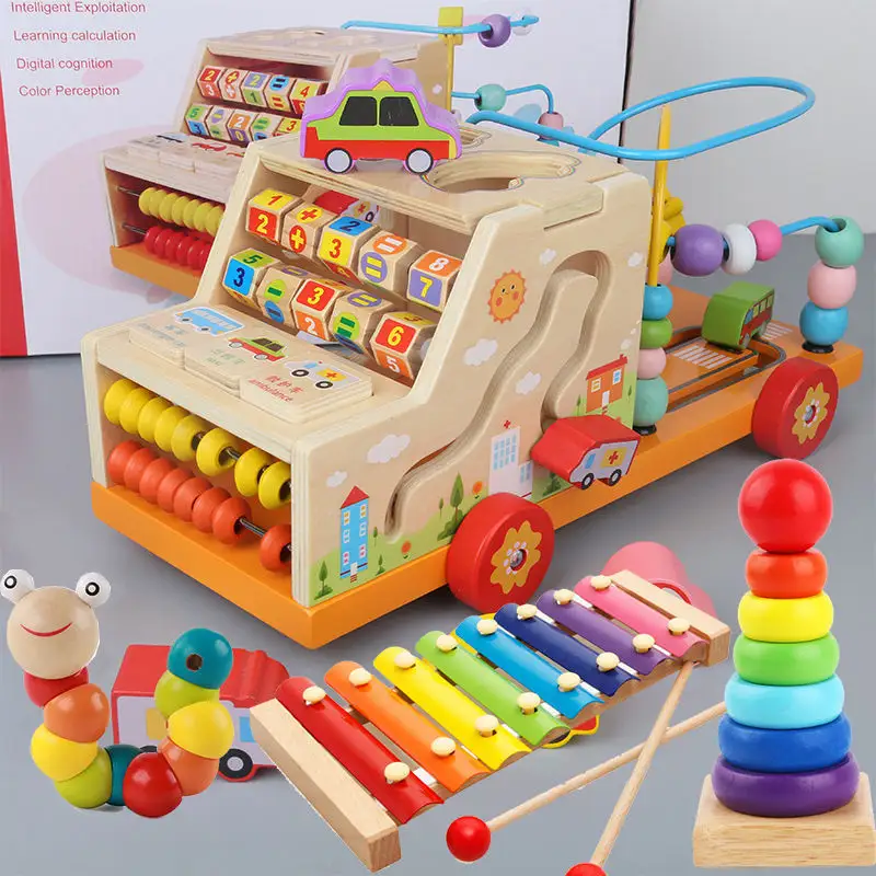 Popular Wooden Multi Function Activity Cubes Educational Toy for Kids Activities Center Wooden Car Toy Birthday Gift