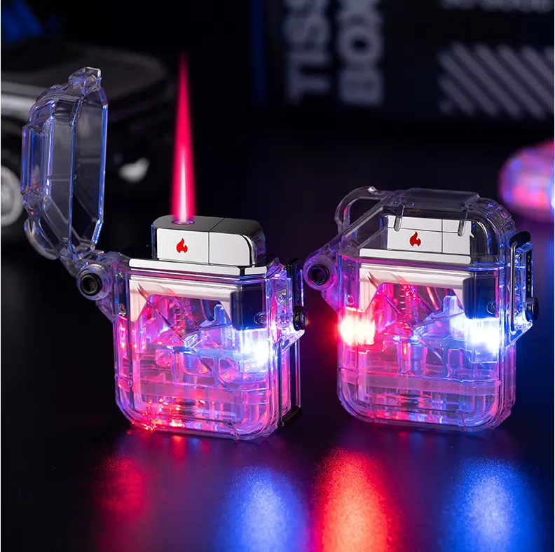 Nouveau corps transparent créatif LED lumière colorée briquet coupe-vent étanche lampe de poche briquet