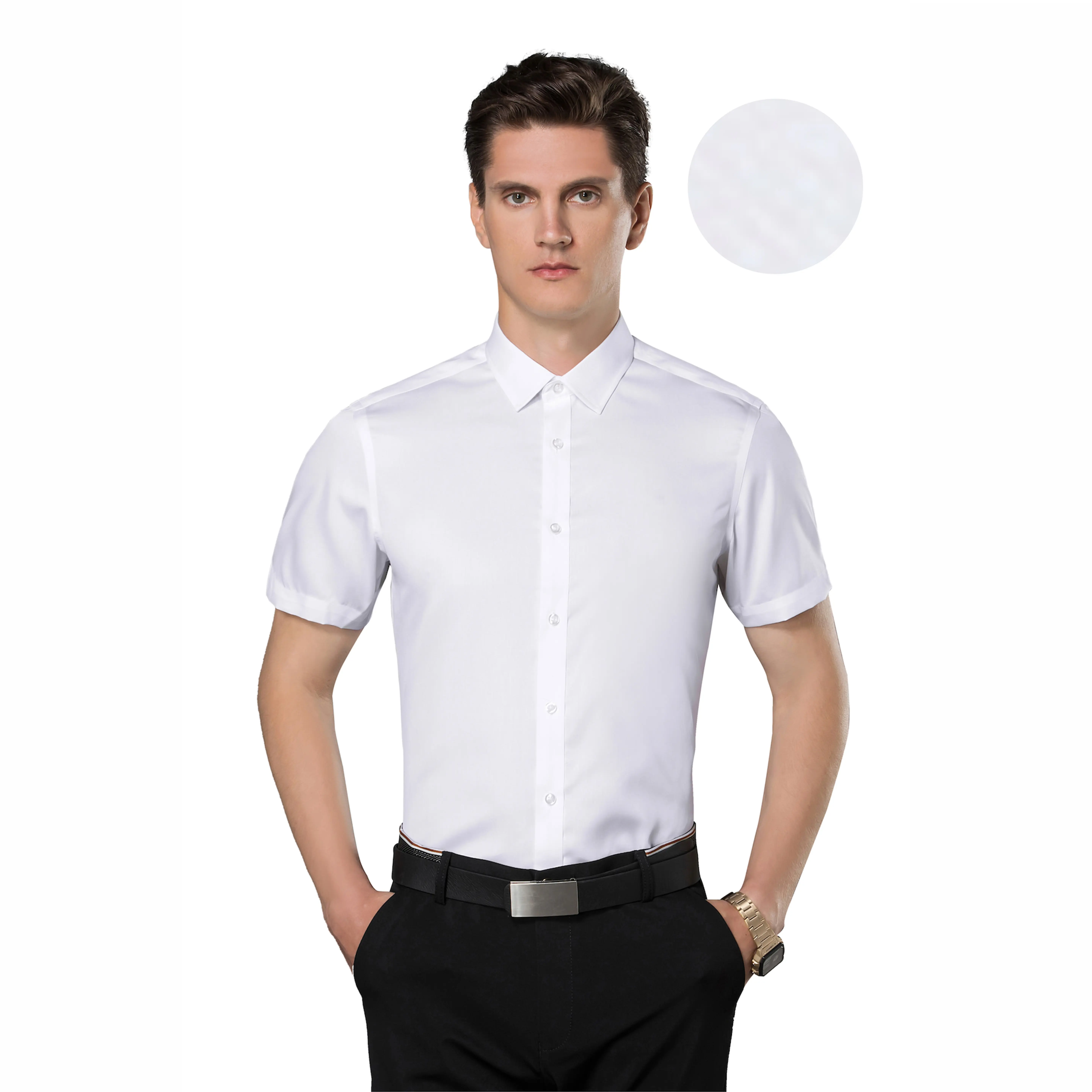 Shangeie 2024 Camisa de escritório para homens de algodão CVC de alta qualidade, camisa de manga curta slim fit sem ferro, ideal para escritório