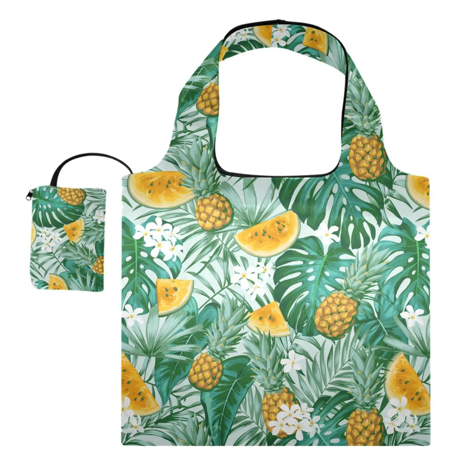 Custom Tropical impresso poliéster Folding Shopping Bag Eco-friendly reutilizáveis mercearia sacos com pequeno saco