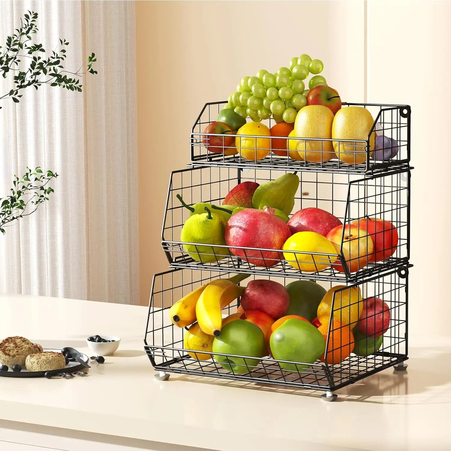 Cestas de alambre de almacenamiento de cebolla de Metal vegetal apilable plegable de 3 capas para cesta de frutas