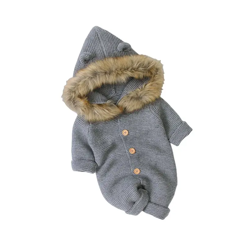 Venda quente roupas infantis gola de lã bebê malha macacão camisola romper bebê infantil com capuz romper