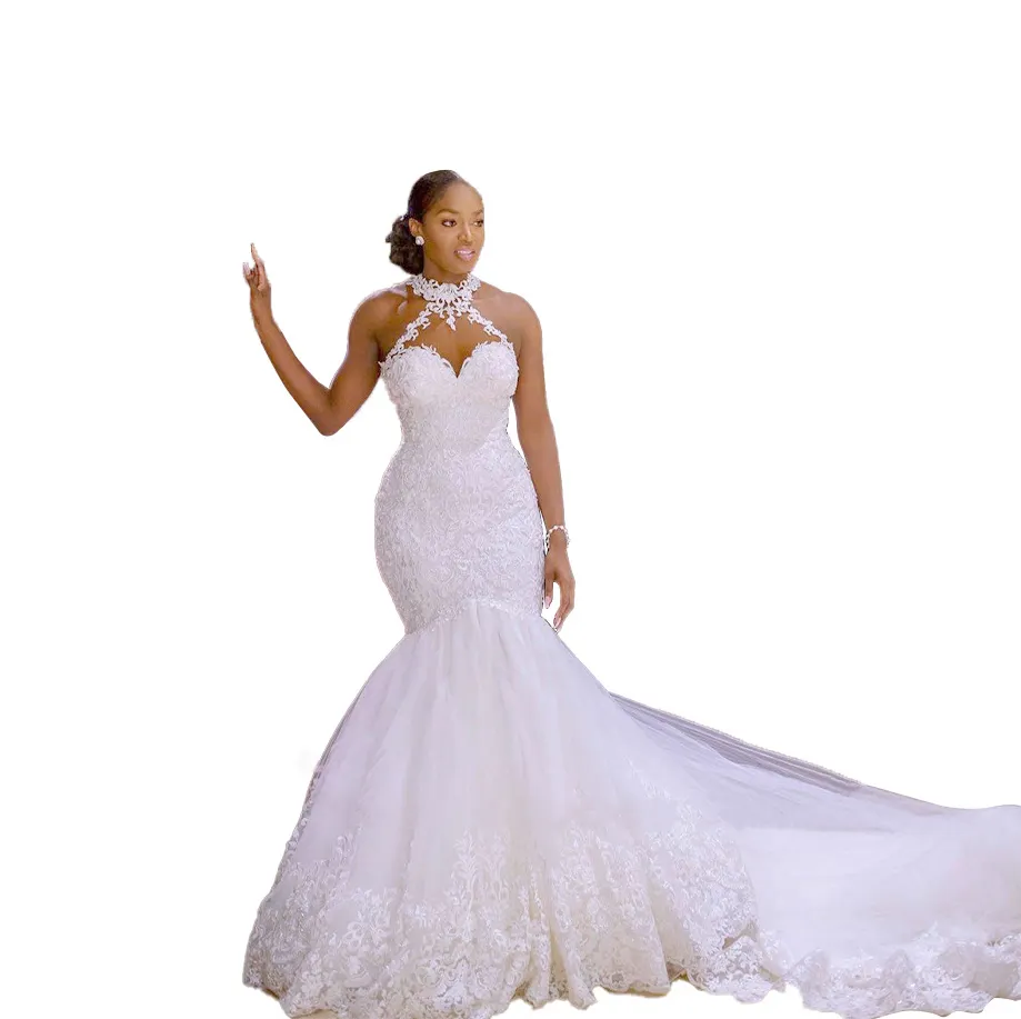 Vestido de novia de sirena con escote en V, con tirantes, sin espalda, de talla grande, blanco, con cintura de encaje