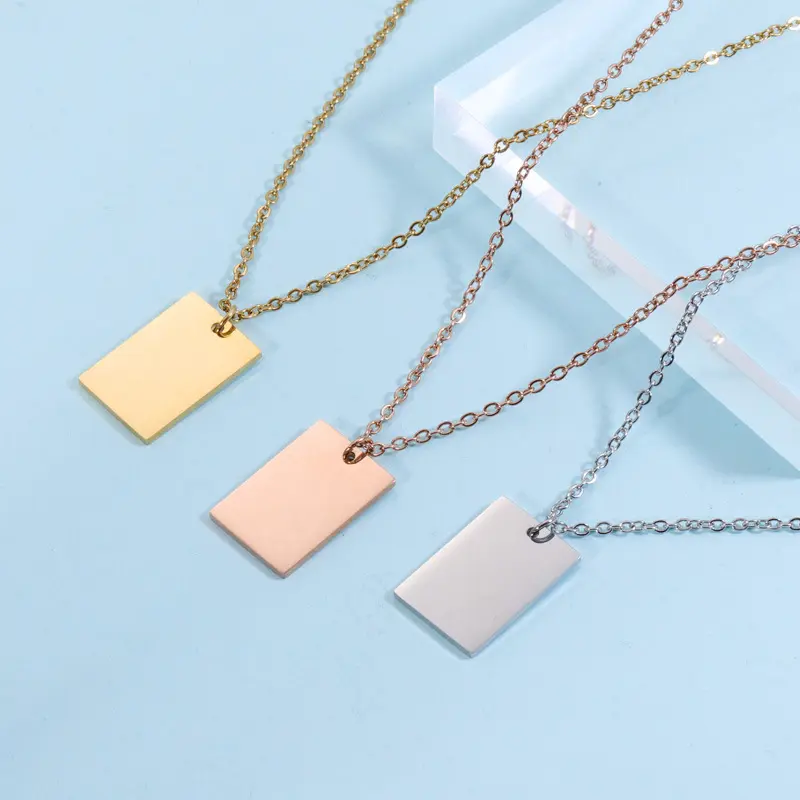 Stainless Steel Blank Pendant Custom Engraving Necklace Mirror Polished Blank Square Rectangle Pendant Necklace