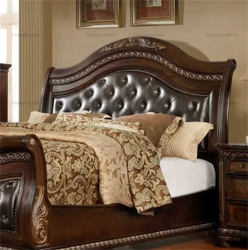 यूरोपीय प्राचीन डिजाइन बेडरूम फर्नीचर सेट असली लेदर चारपाई की अगली पीठ राजा आकार बिस्तर