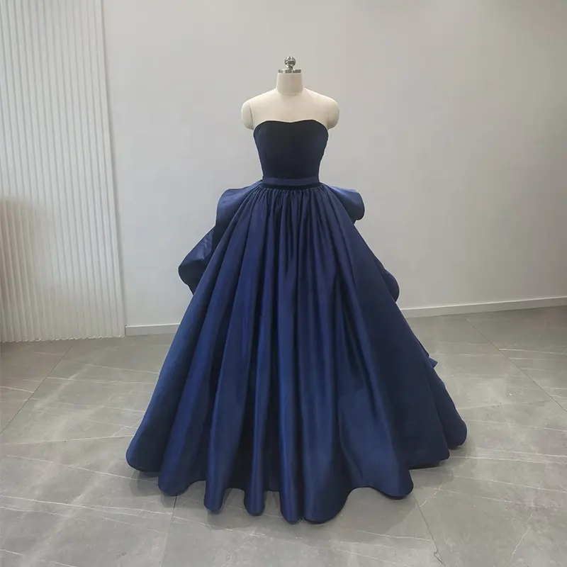 Robe bleue longue longueur pour mariée ou robe de satin de tulle de paillettes de danse