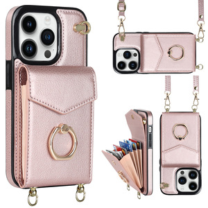IPhoneユーティリティ卸売ウォレットカスタム電話ケースショルダーストラップ用ウォレット機能スリムバックカバー付き