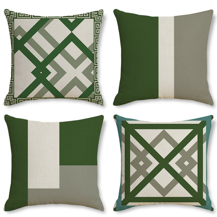 Luxury Style Green Linen Sofa Pillowcase Dark Green Geometric Pattern Pillowcase Bedside Decoration Cushion Cover