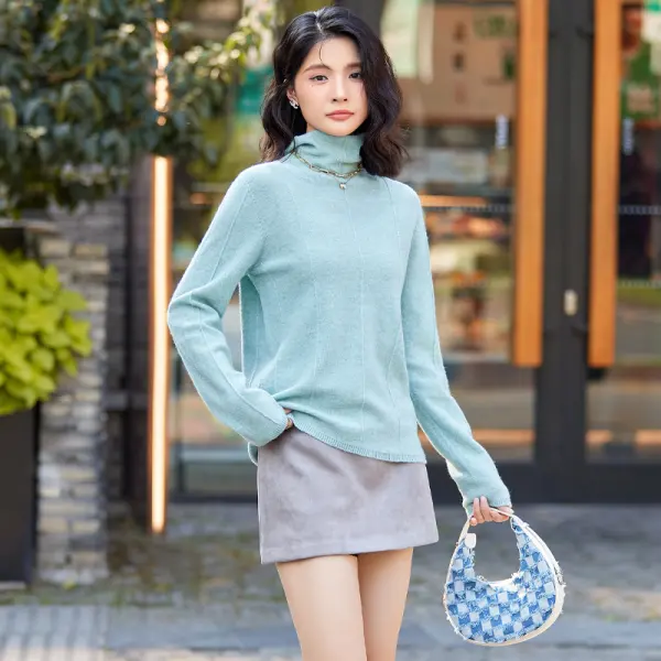 Custom Ladies Cashmere Soft High Neck Blue Knitted Baselayer Knitwear Sweater